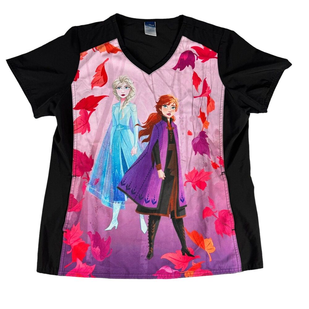 Disney Frozen Scrub Top Womens Large Black Short Sleeve Anna Elsa Medical Dental